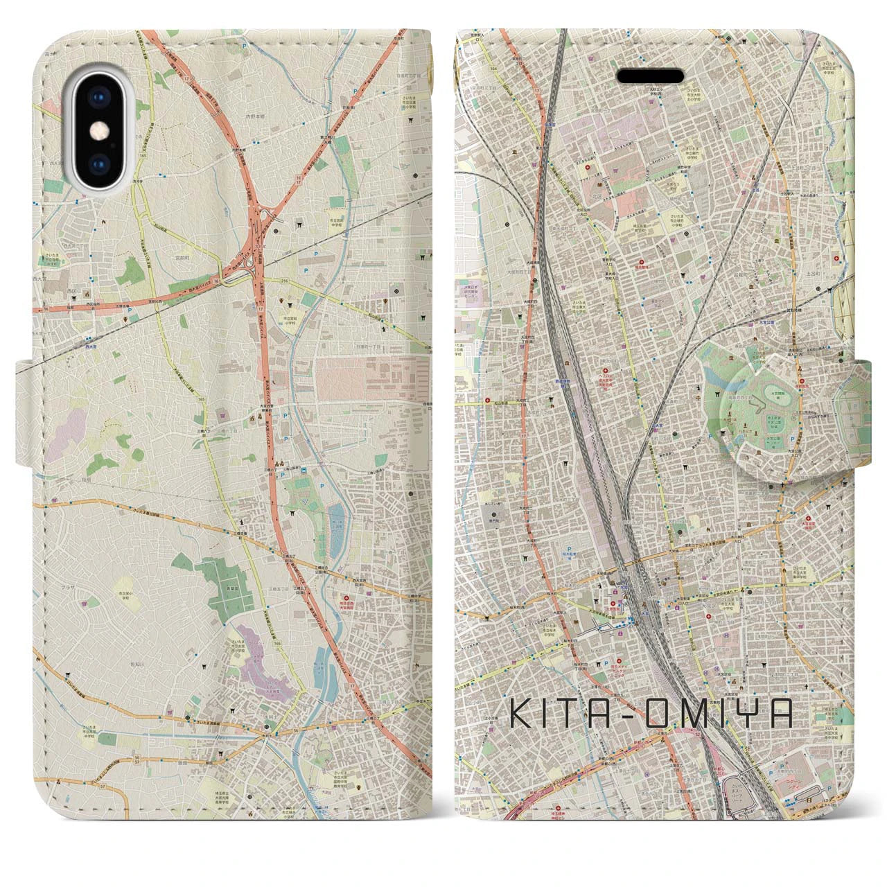 【北大宮(埼玉県)】地図柄iPhoneケース(手帳タイプ)ナチュラル・iPhone XS Max 用