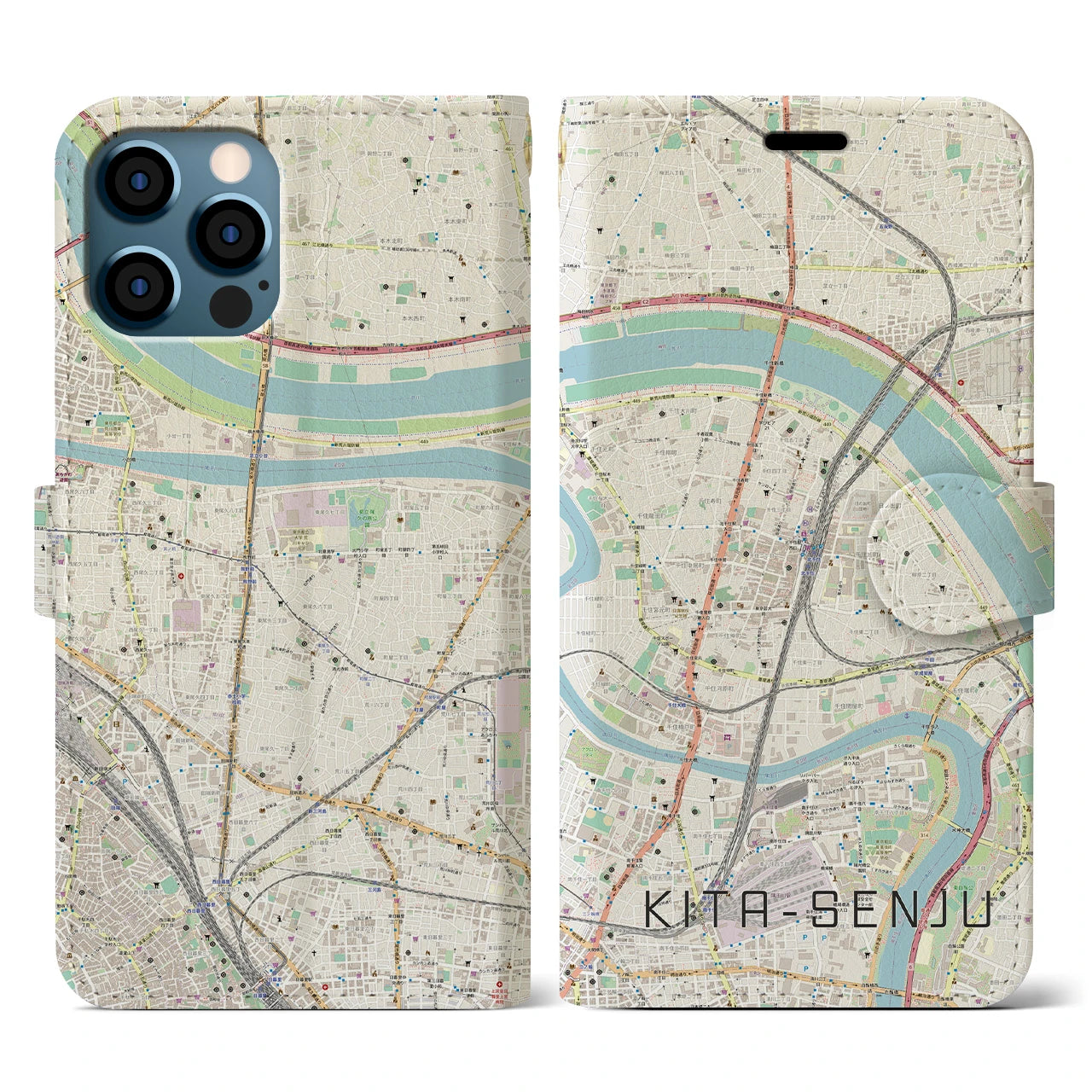 【北千住(東京都)】地図柄iPhoneケース(手帳タイプ)ナチュラル・iPhone 12 / 12 Pro 用