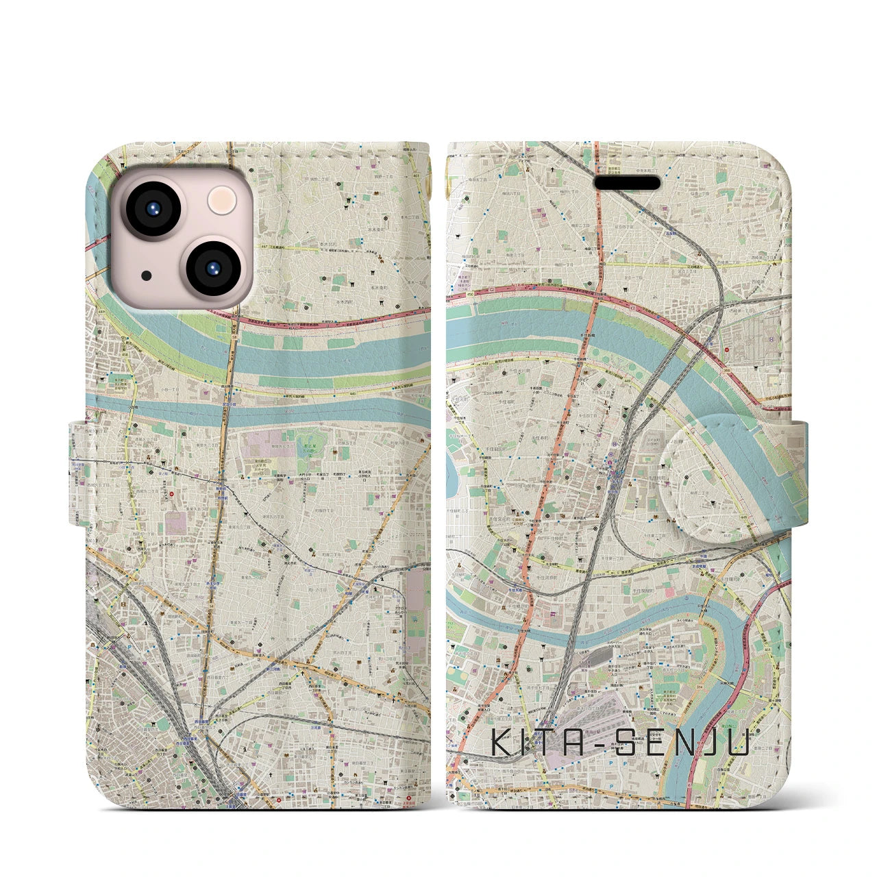 【北千住(東京都)】地図柄iPhoneケース(手帳タイプ)ナチュラル・iPhone 13 mini 用