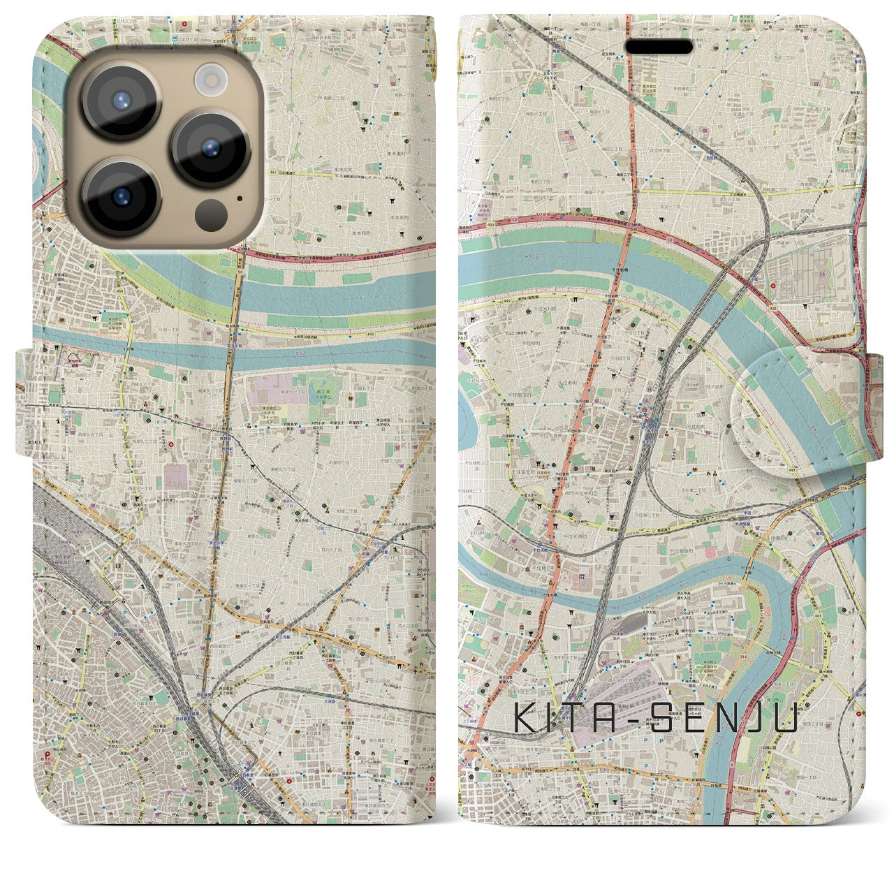 【北千住(東京都)】地図柄iPhoneケース(手帳タイプ)ナチュラル・iPhone 14 Pro Max 用