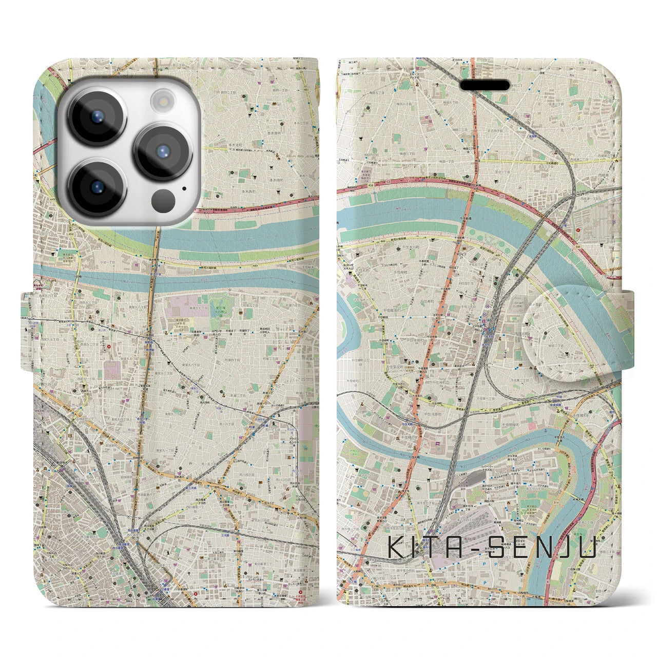 【北千住(東京都)】地図柄iPhoneケース(手帳タイプ)ナチュラル・iPhone 14 Pro 用
