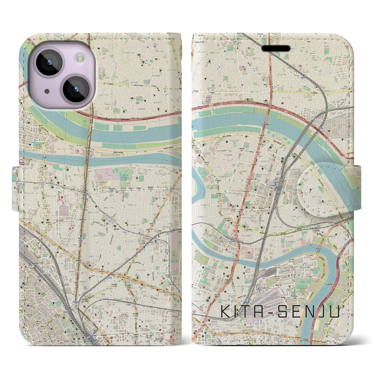 【北千住(東京都)】地図柄iPhoneケース(手帳タイプ)ナチュラル・iPhone 14 用