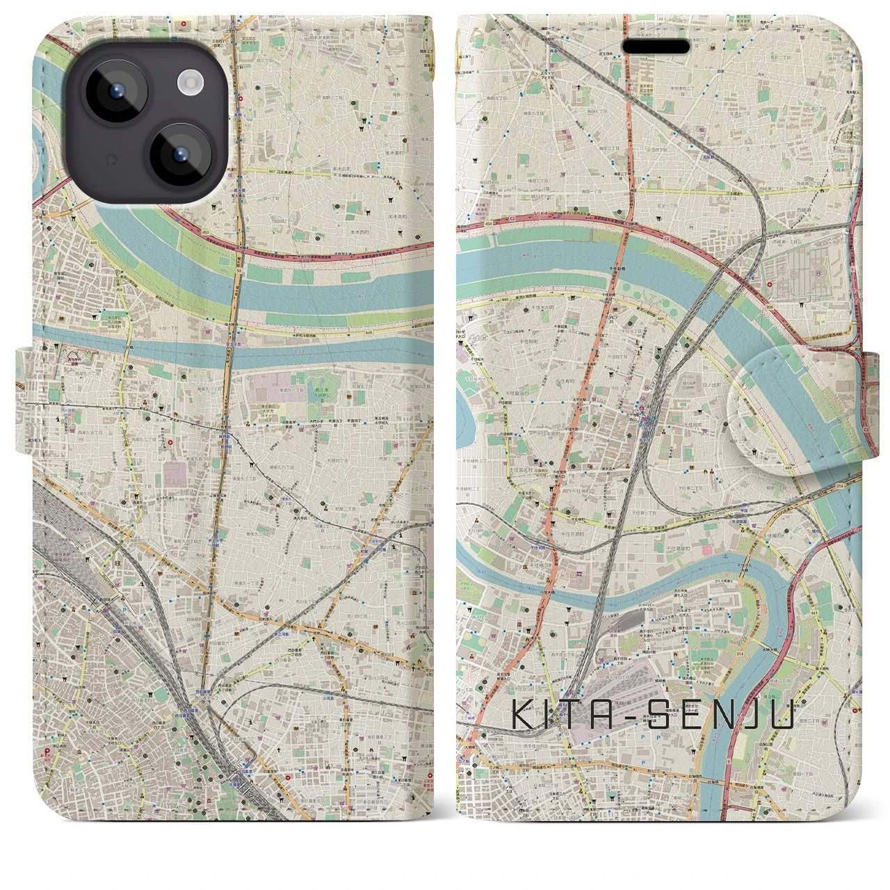 【北千住(東京都)】地図柄iPhoneケース(手帳タイプ)ナチュラル・iPhone 14 Plus 用