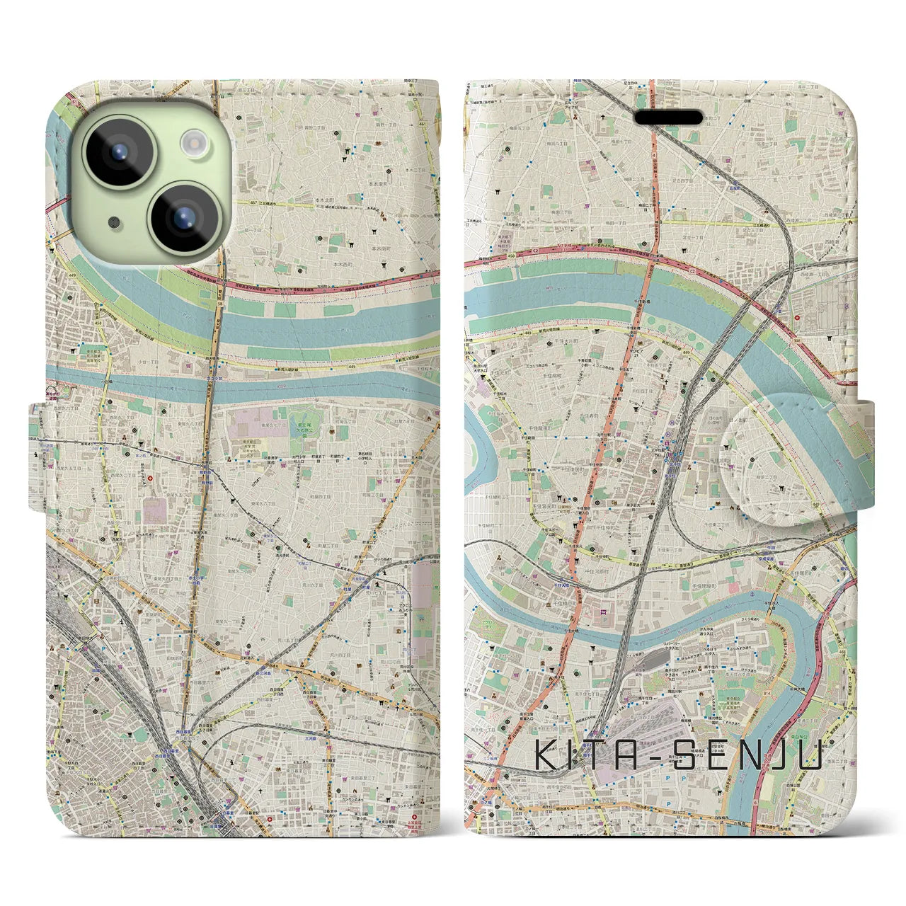 【北千住(東京都)】地図柄iPhoneケース(手帳タイプ)ナチュラル・iPhone 15 用