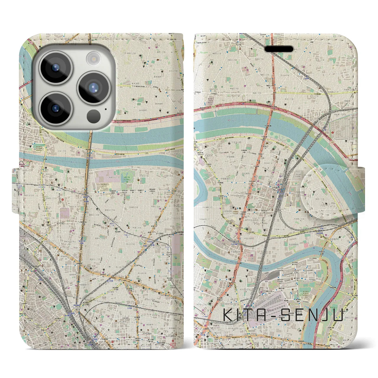 【北千住(東京都)】地図柄iPhoneケース(手帳タイプ)ナチュラル・iPhone 15 Pro 用