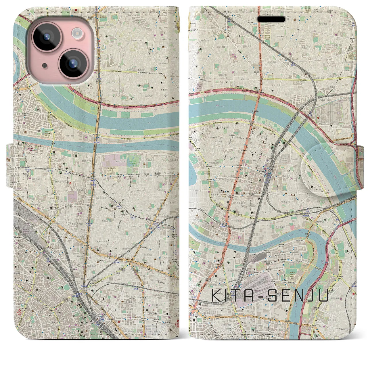 【北千住(東京都)】地図柄iPhoneケース(手帳タイプ)ナチュラル・iPhone 15 Plus 用