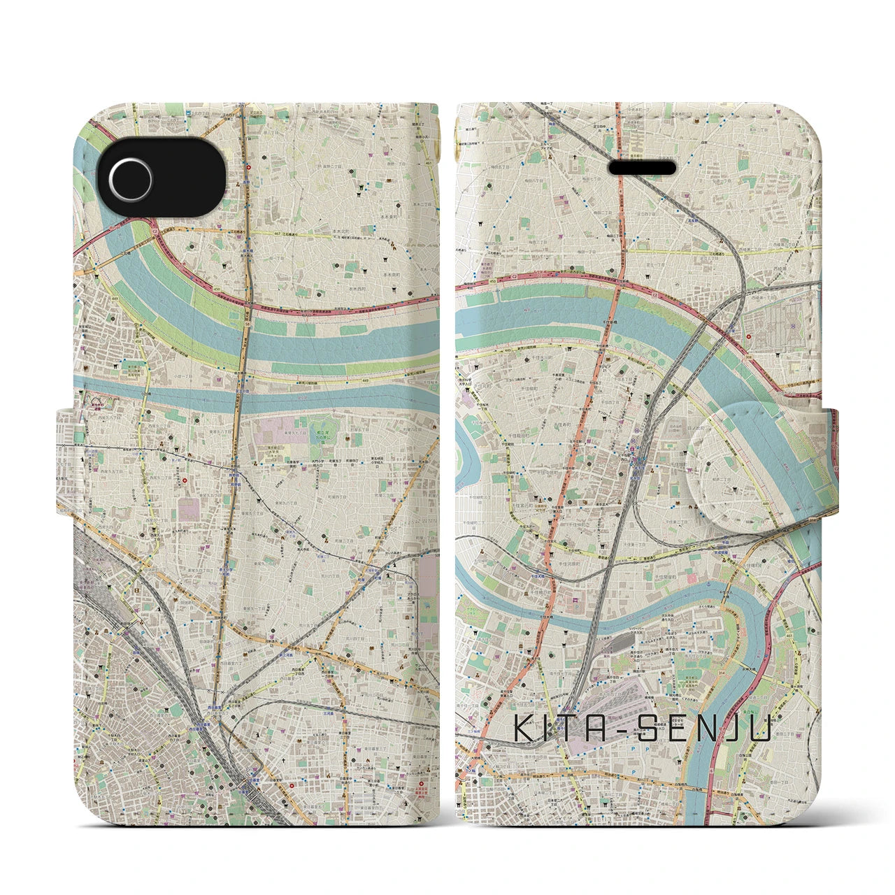 【北千住(東京都)】地図柄iPhoneケース(手帳タイプ)ナチュラル・iPhone SE(第3 / 第2世代) / 8 / 7 / 6s / 6 用