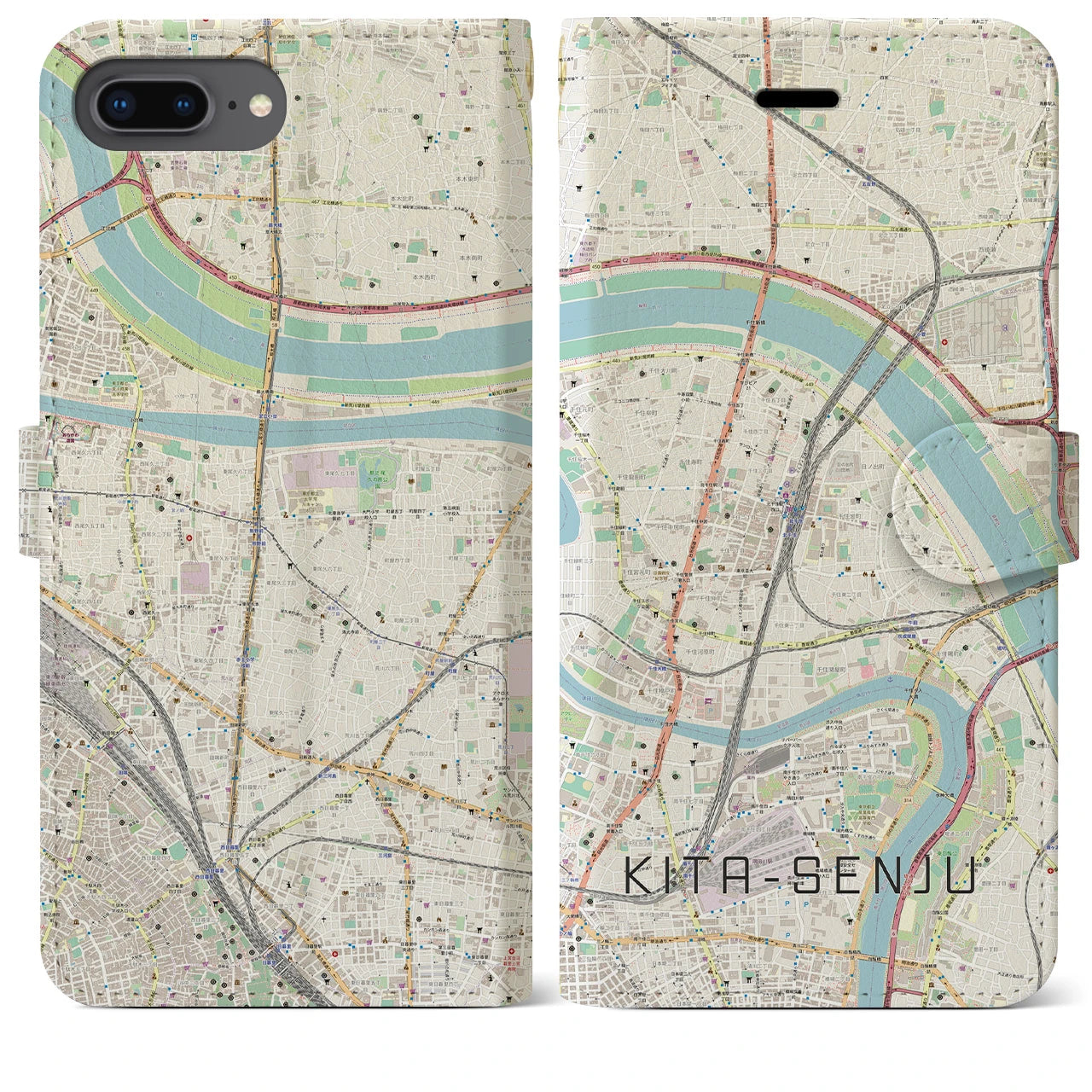 【北千住(東京都)】地図柄iPhoneケース(手帳タイプ)ナチュラル・iPhone 8Plus /7Plus / 6sPlus / 6Plus 用