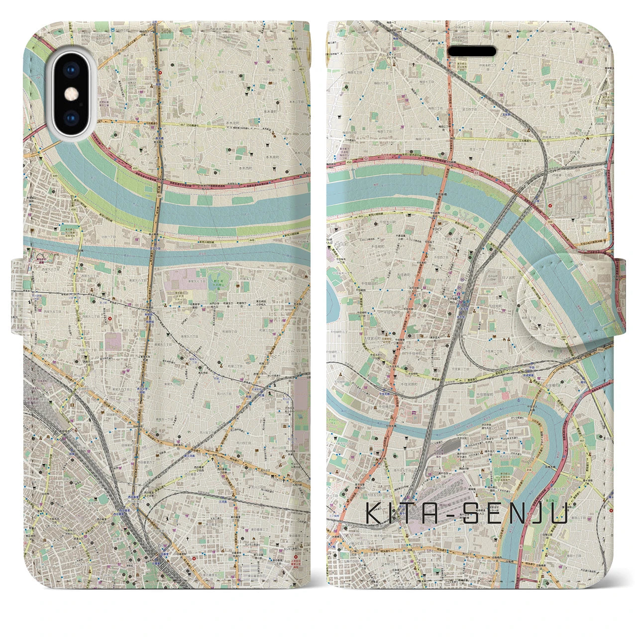 【北千住(東京都)】地図柄iPhoneケース(手帳タイプ)ナチュラル・iPhone XS Max 用