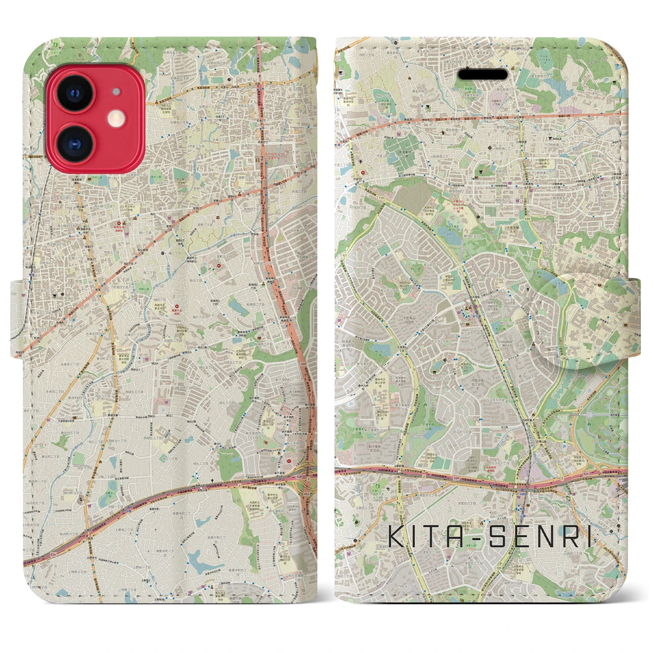 【北千里(大阪府)】地図柄iPhoneケース(手帳タイプ)ナチュラル・iPhone 11 用