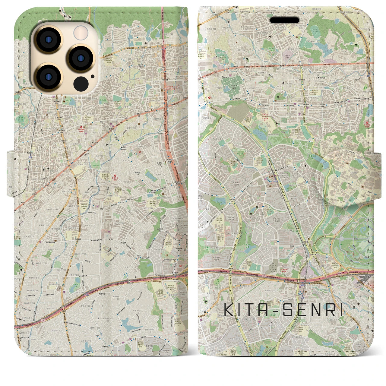 【北千里(大阪府)】地図柄iPhoneケース(手帳タイプ)ナチュラル・iPhone 12 Pro Max 用