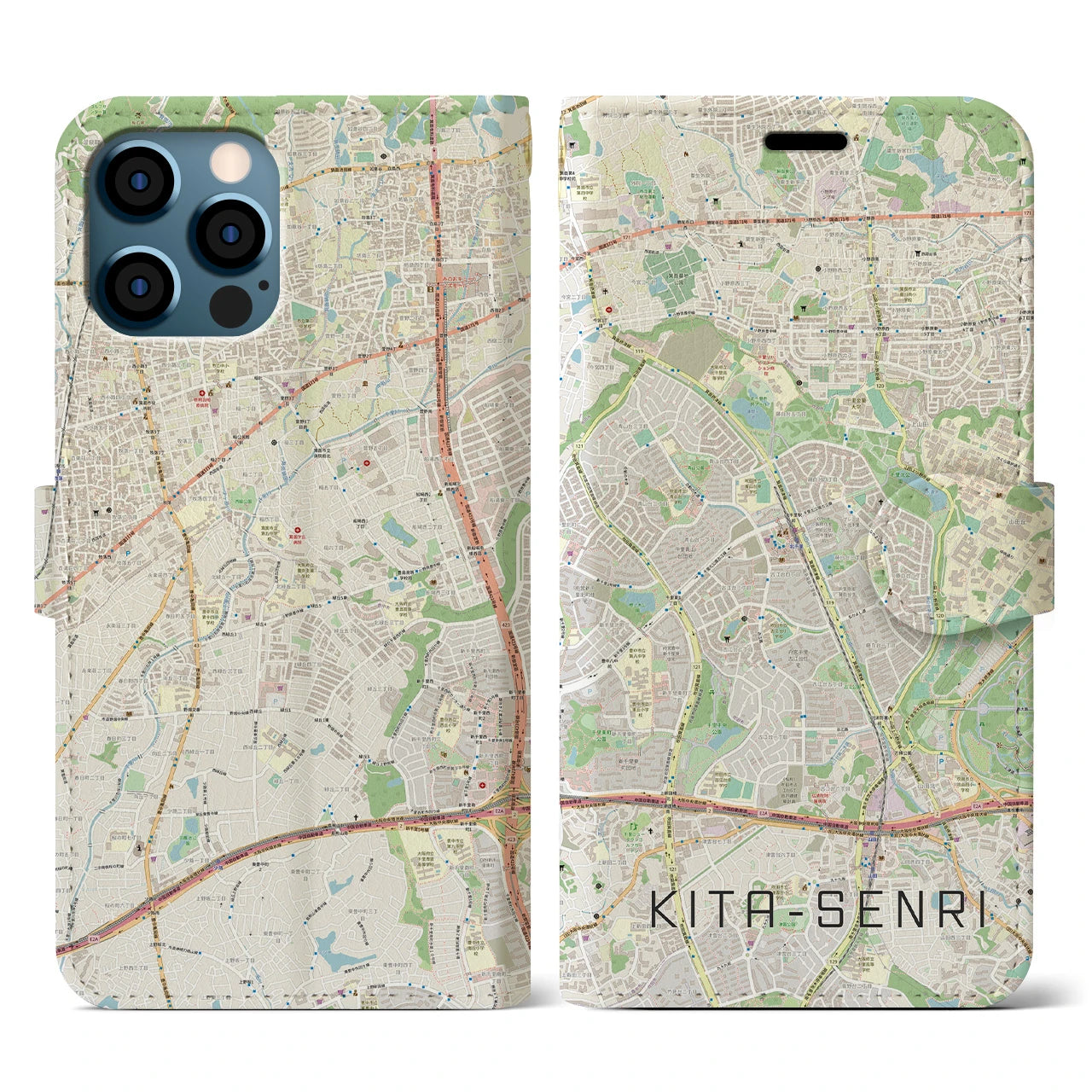 【北千里(大阪府)】地図柄iPhoneケース(手帳タイプ)ナチュラル・iPhone 12 / 12 Pro 用