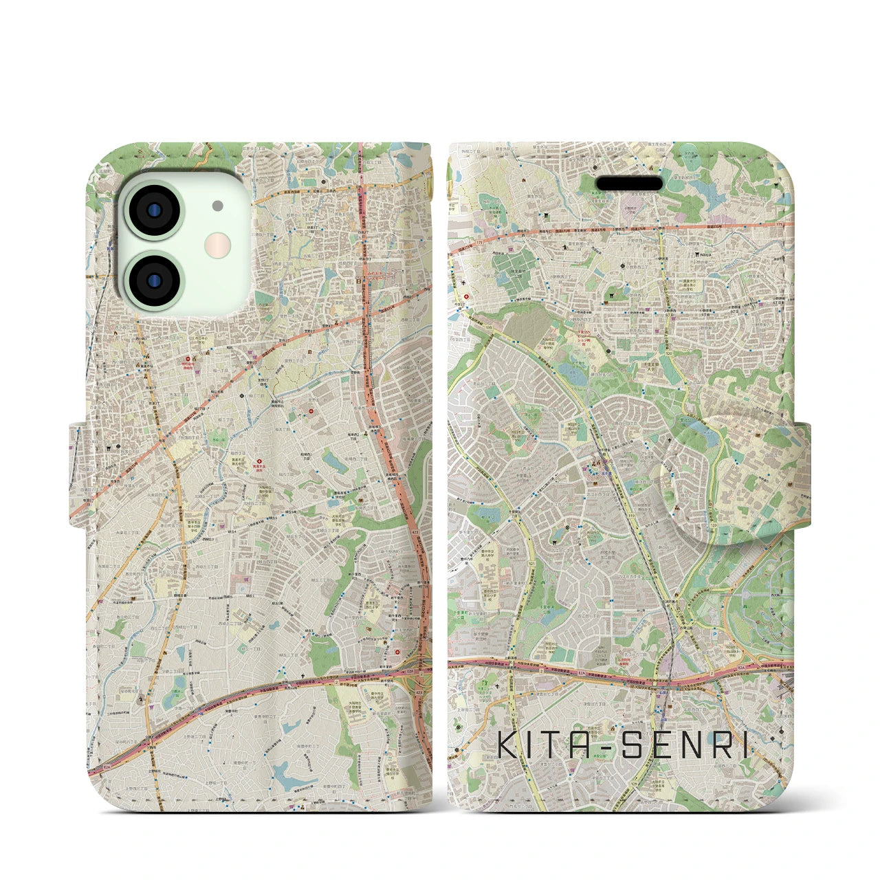 【北千里(大阪府)】地図柄iPhoneケース(手帳タイプ)ナチュラル・iPhone 12 mini 用