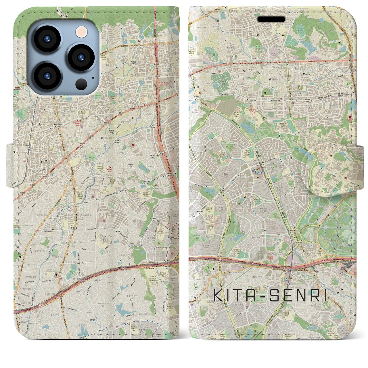 【北千里(大阪府)】地図柄iPhoneケース(手帳タイプ)ナチュラル・iPhone 13 Pro Max 用