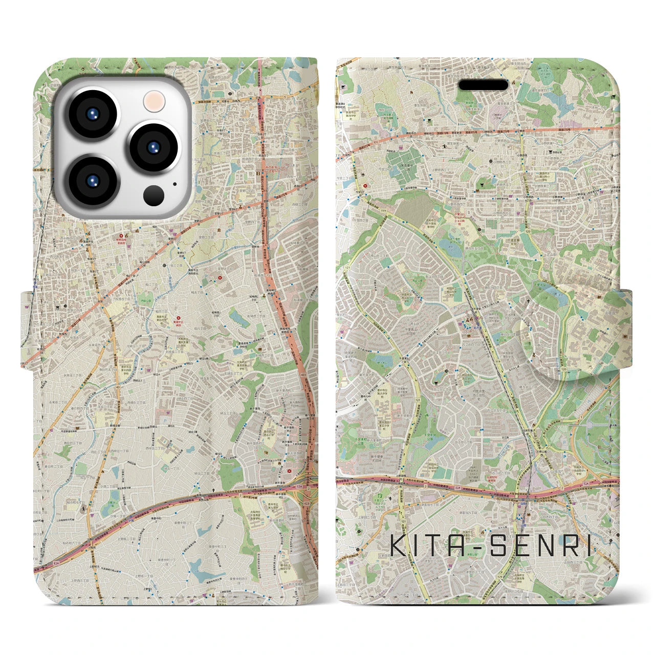 【北千里(大阪府)】地図柄iPhoneケース(手帳タイプ)ナチュラル・iPhone 13 Pro 用