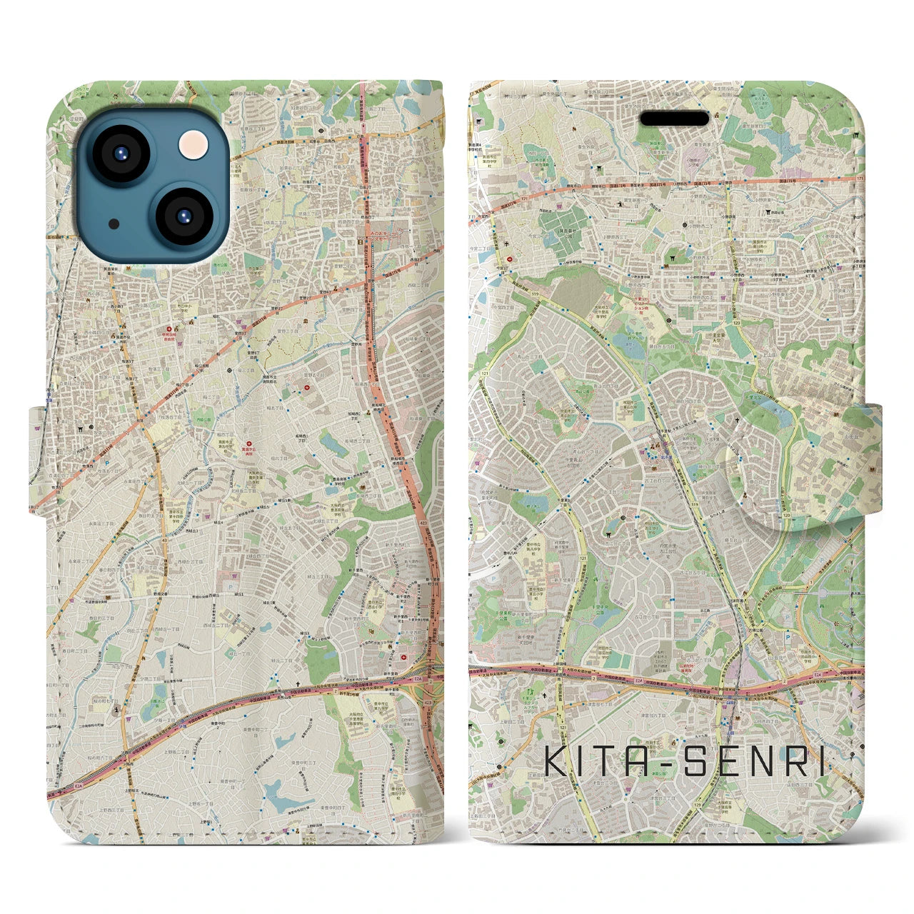 【北千里(大阪府)】地図柄iPhoneケース(手帳タイプ)ナチュラル・iPhone 13 用