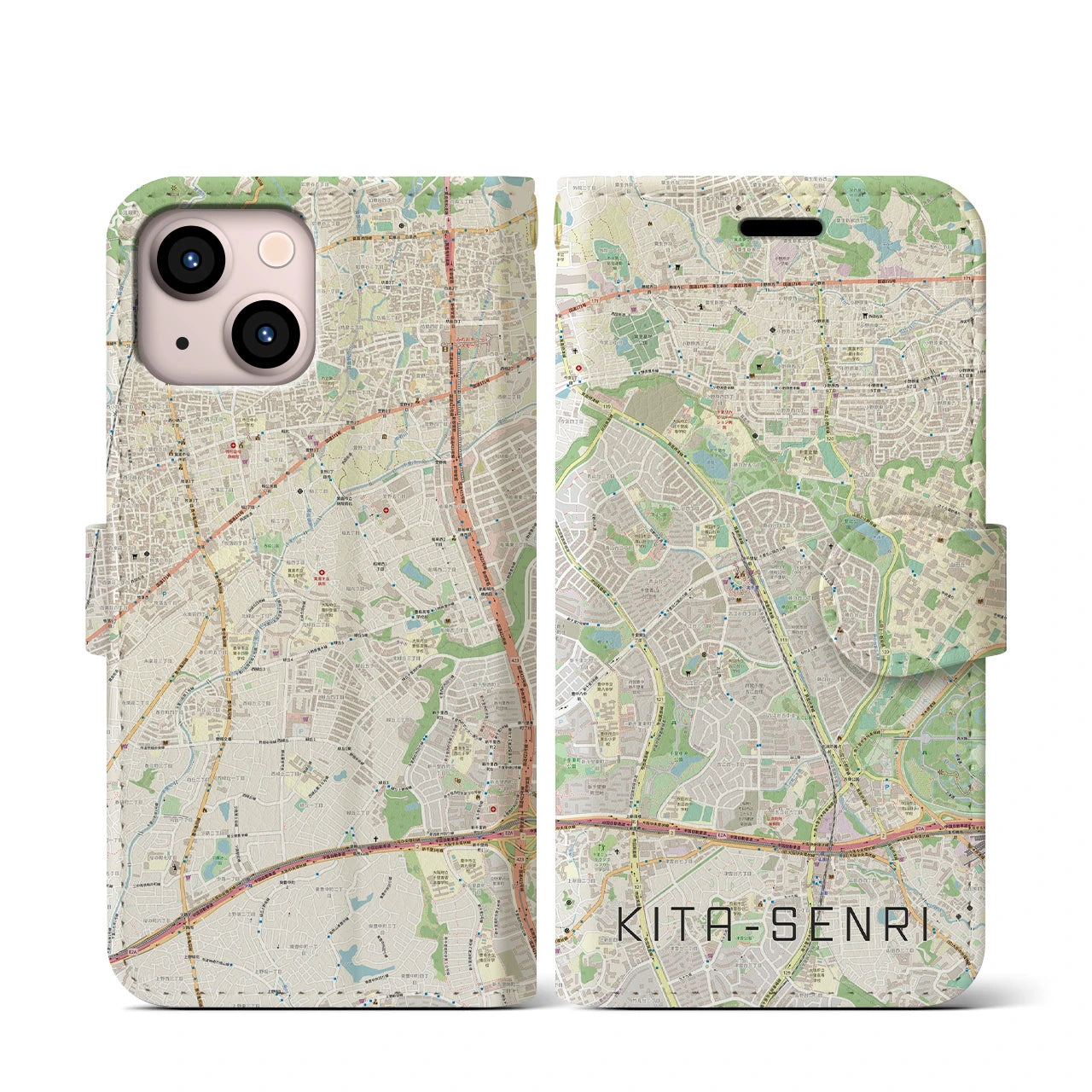 【北千里(大阪府)】地図柄iPhoneケース(手帳タイプ)ナチュラル・iPhone 13 mini 用