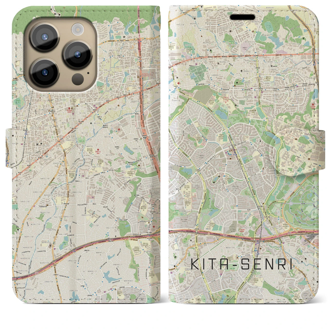 【北千里(大阪府)】地図柄iPhoneケース(手帳タイプ)ナチュラル・iPhone 14 Pro Max 用