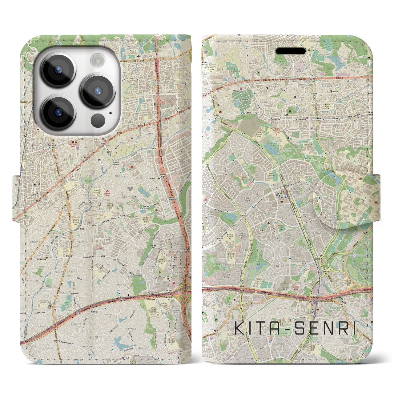 【北千里(大阪府)】地図柄iPhoneケース(手帳タイプ)ナチュラル・iPhone 14 Pro 用