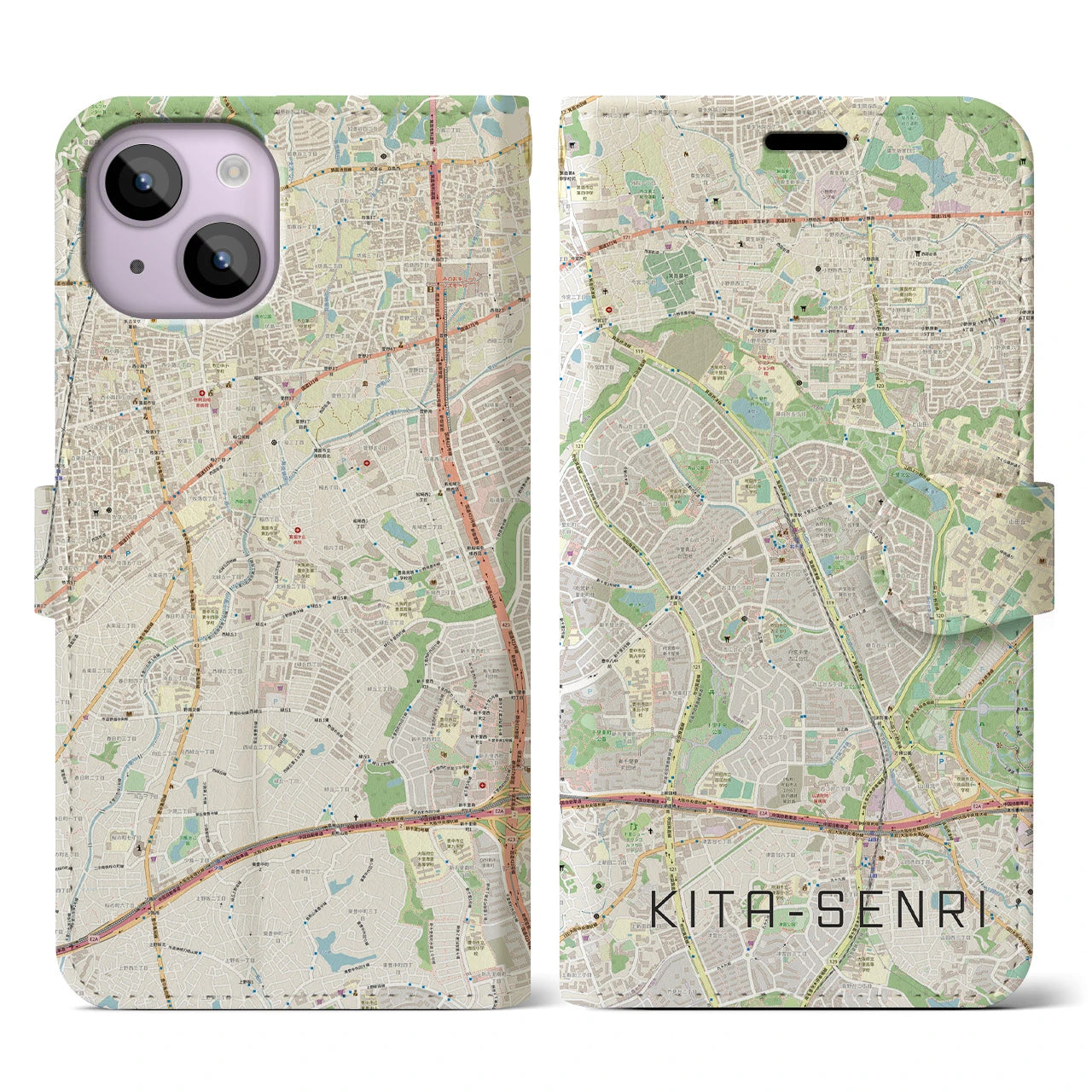 【北千里(大阪府)】地図柄iPhoneケース(手帳タイプ)ナチュラル・iPhone 14 用