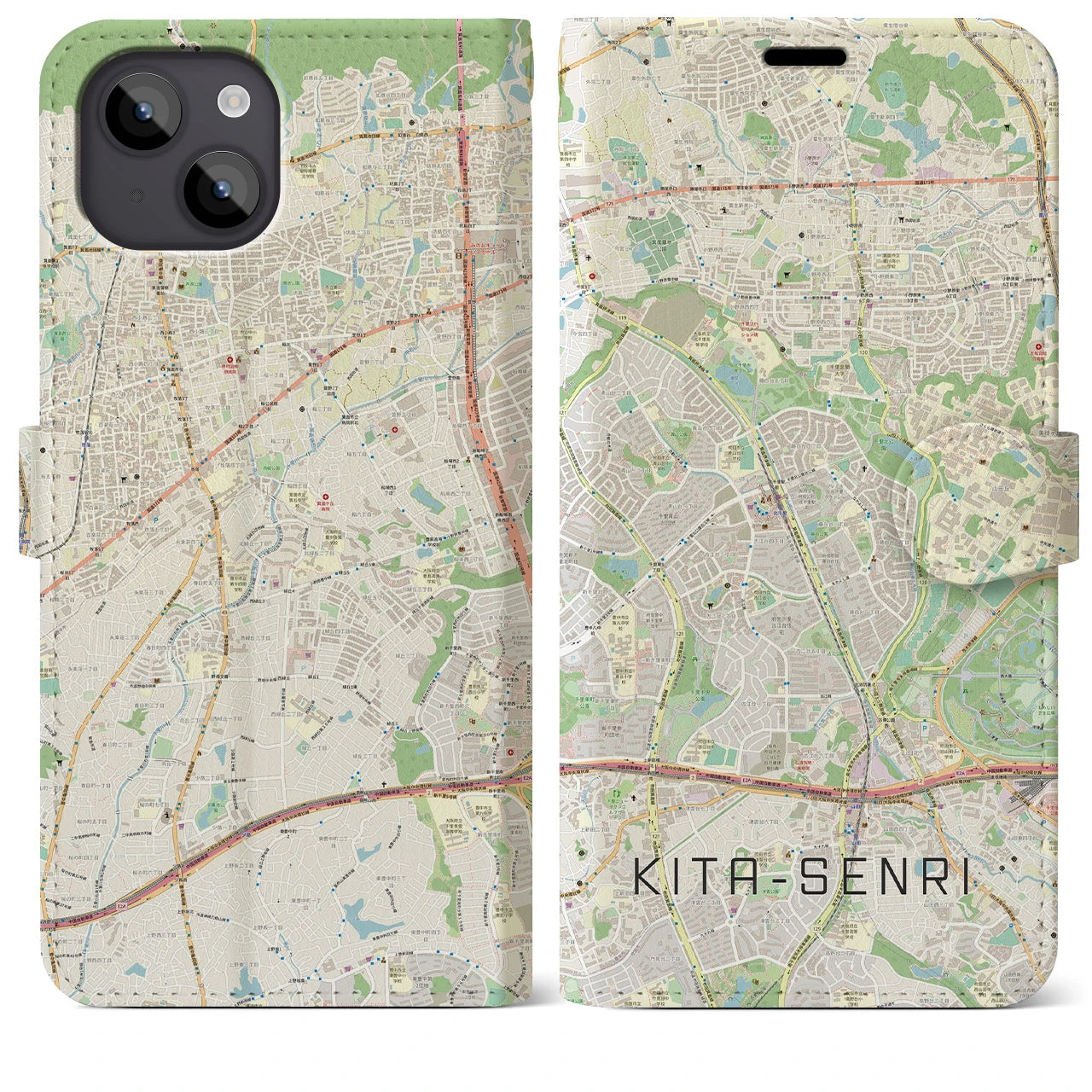 【北千里(大阪府)】地図柄iPhoneケース(手帳タイプ)ナチュラル・iPhone 14 Plus 用