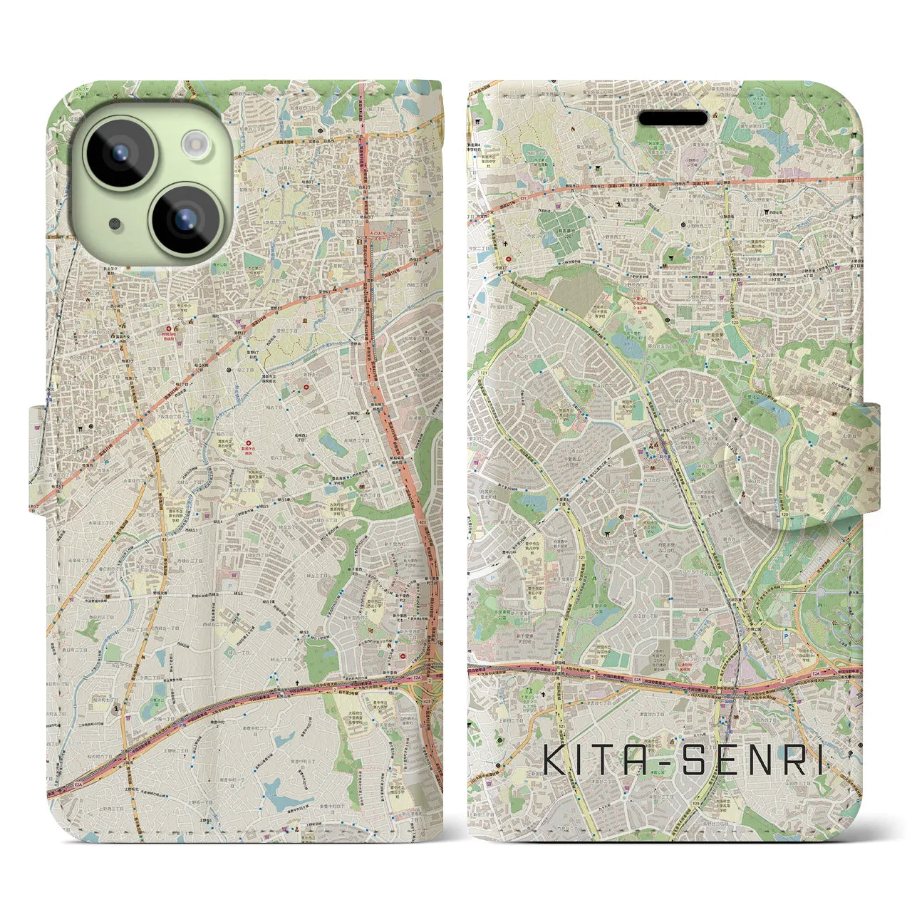 【北千里(大阪府)】地図柄iPhoneケース(手帳タイプ)ナチュラル・iPhone 15 用