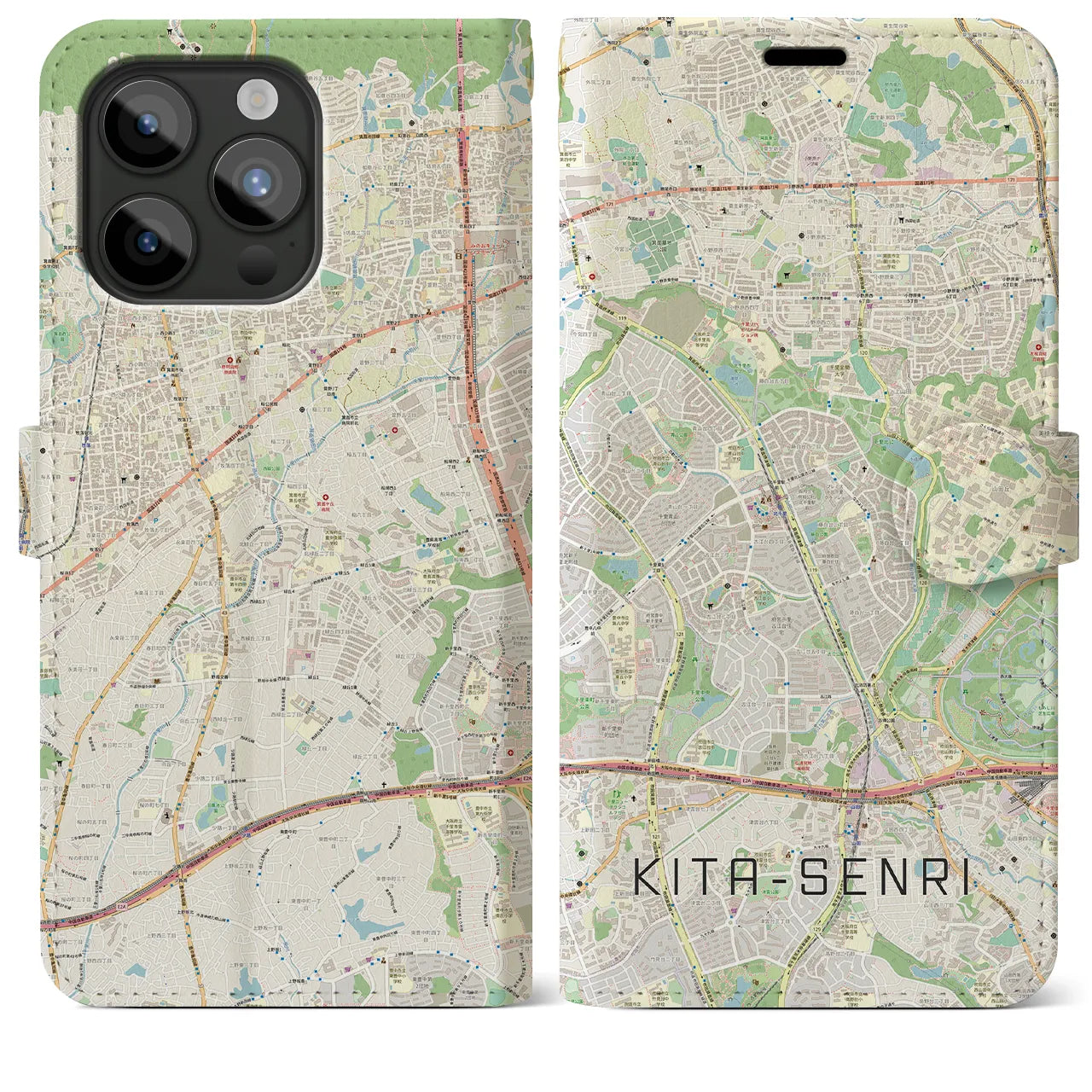 【北千里(大阪府)】地図柄iPhoneケース(手帳タイプ)ナチュラル・iPhone 15 Pro Max 用