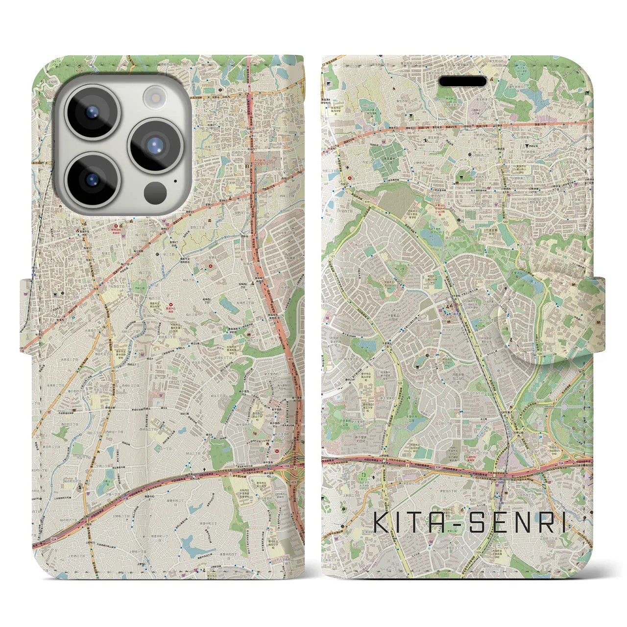 【北千里(大阪府)】地図柄iPhoneケース(手帳タイプ)ナチュラル・iPhone 15 Pro 用
