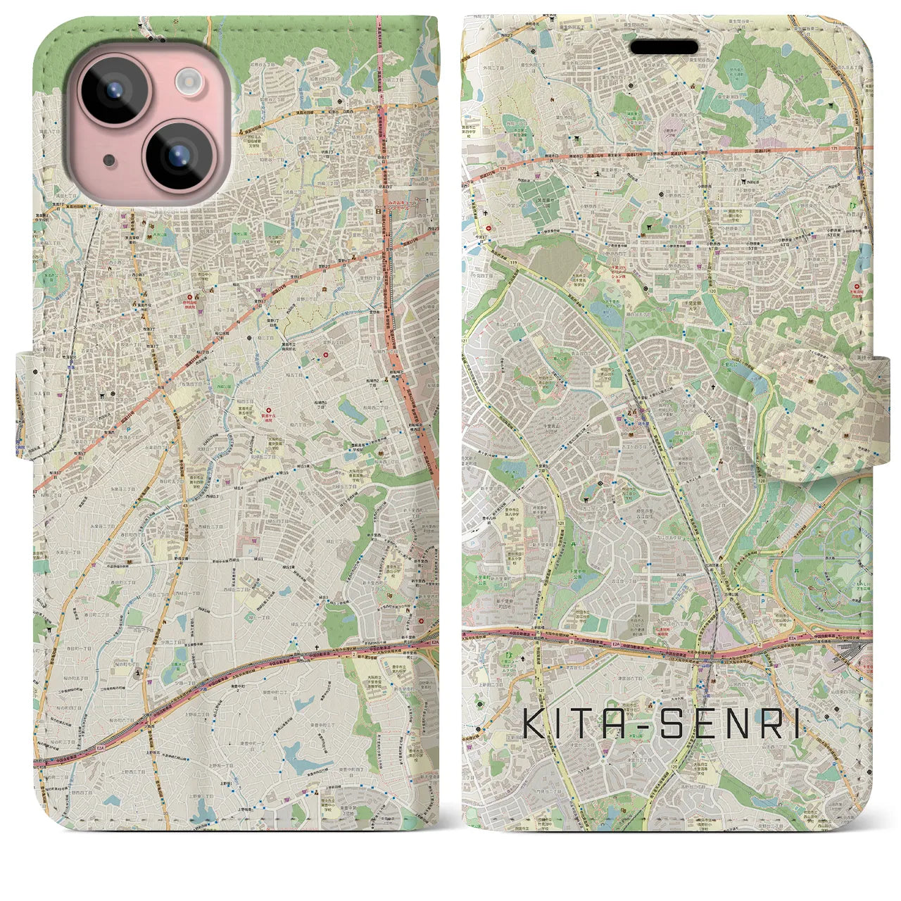 【北千里(大阪府)】地図柄iPhoneケース(手帳タイプ)ナチュラル・iPhone 15 Plus 用