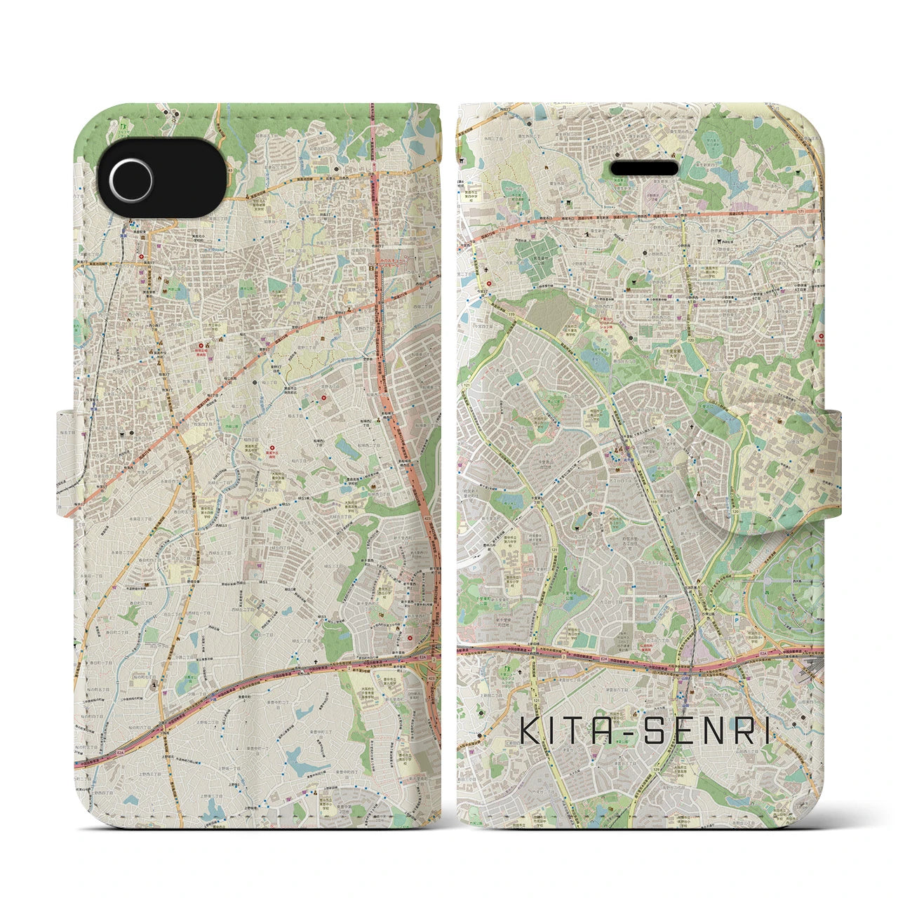 【北千里(大阪府)】地図柄iPhoneケース(手帳タイプ)ナチュラル・iPhone SE(第3 / 第2世代) / 8 / 7 / 6s / 6 用