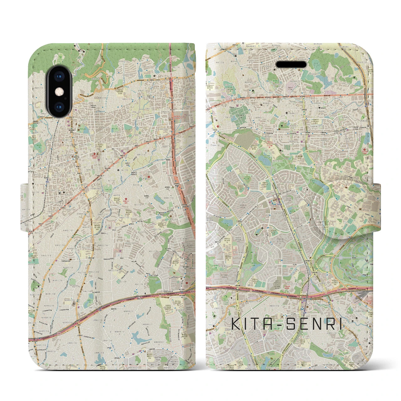 【北千里(大阪府)】地図柄iPhoneケース(手帳タイプ)ナチュラル・iPhone XS / X 用