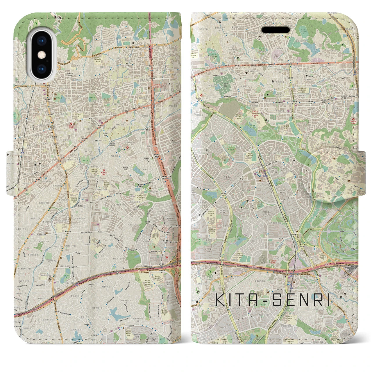【北千里(大阪府)】地図柄iPhoneケース(手帳タイプ)ナチュラル・iPhone XS Max 用