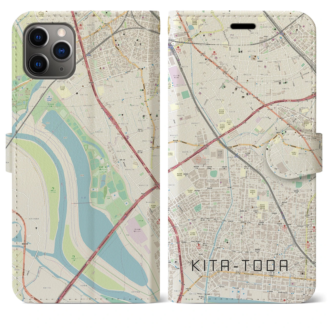 【北戸田(埼玉県)】地図柄iPhoneケース(手帳タイプ)ナチュラル・iPhone 11 Pro Max 用