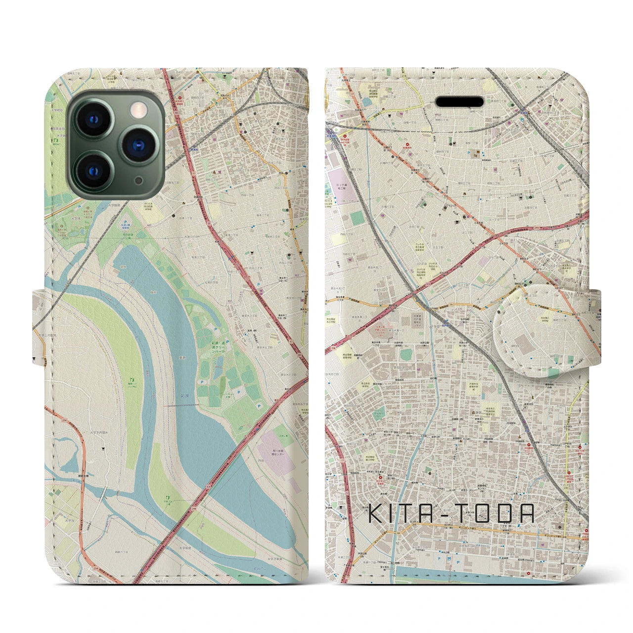 【北戸田(埼玉県)】地図柄iPhoneケース(手帳タイプ)ナチュラル・iPhone 11 Pro 用