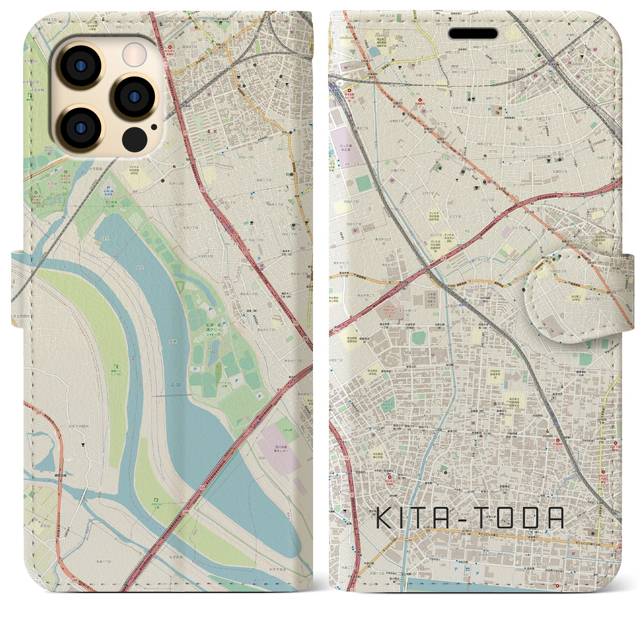 【北戸田(埼玉県)】地図柄iPhoneケース(手帳タイプ)ナチュラル・iPhone 12 Pro Max 用