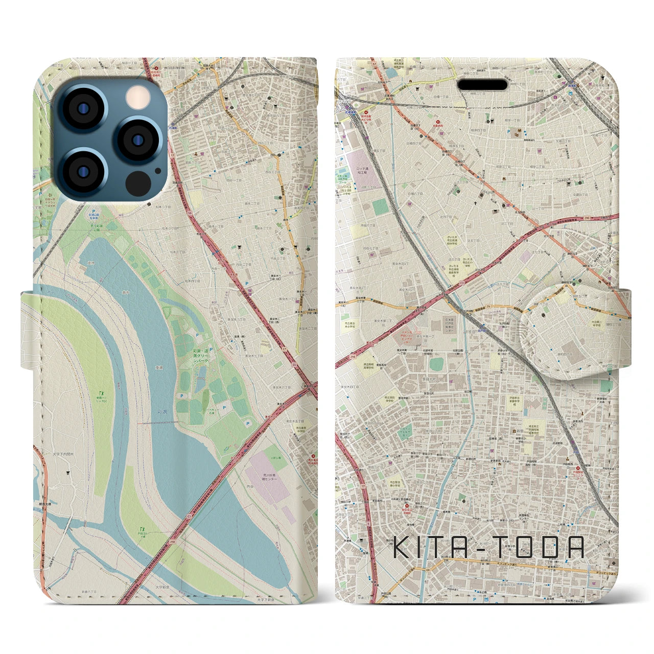 【北戸田(埼玉県)】地図柄iPhoneケース(手帳タイプ)ナチュラル・iPhone 12 / 12 Pro 用