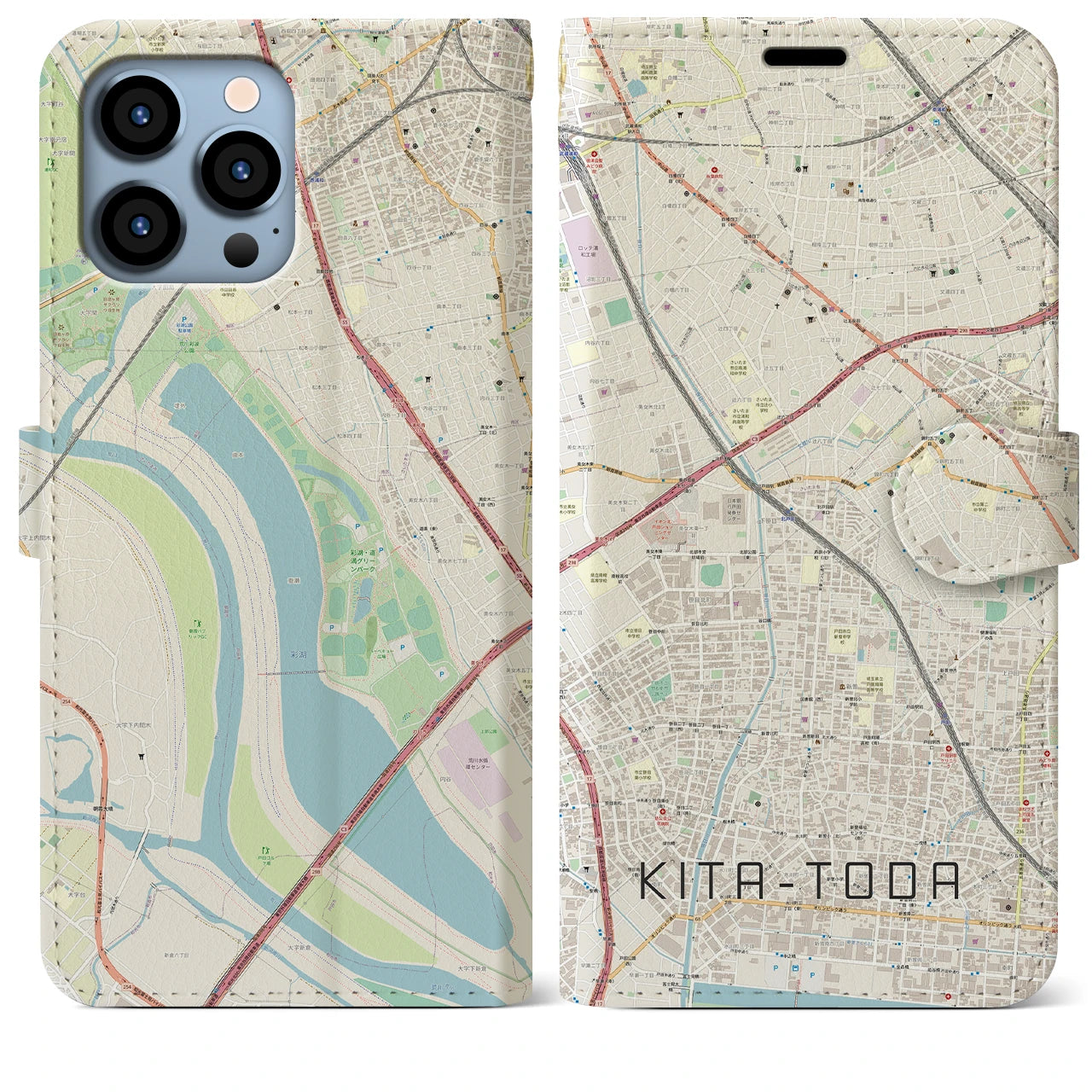【北戸田(埼玉県)】地図柄iPhoneケース(手帳タイプ)ナチュラル・iPhone 13 Pro Max 用