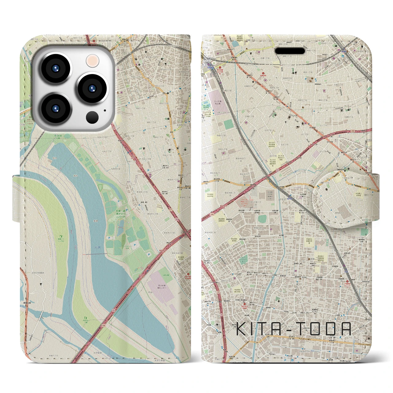 【北戸田(埼玉県)】地図柄iPhoneケース(手帳タイプ)ナチュラル・iPhone 13 Pro 用