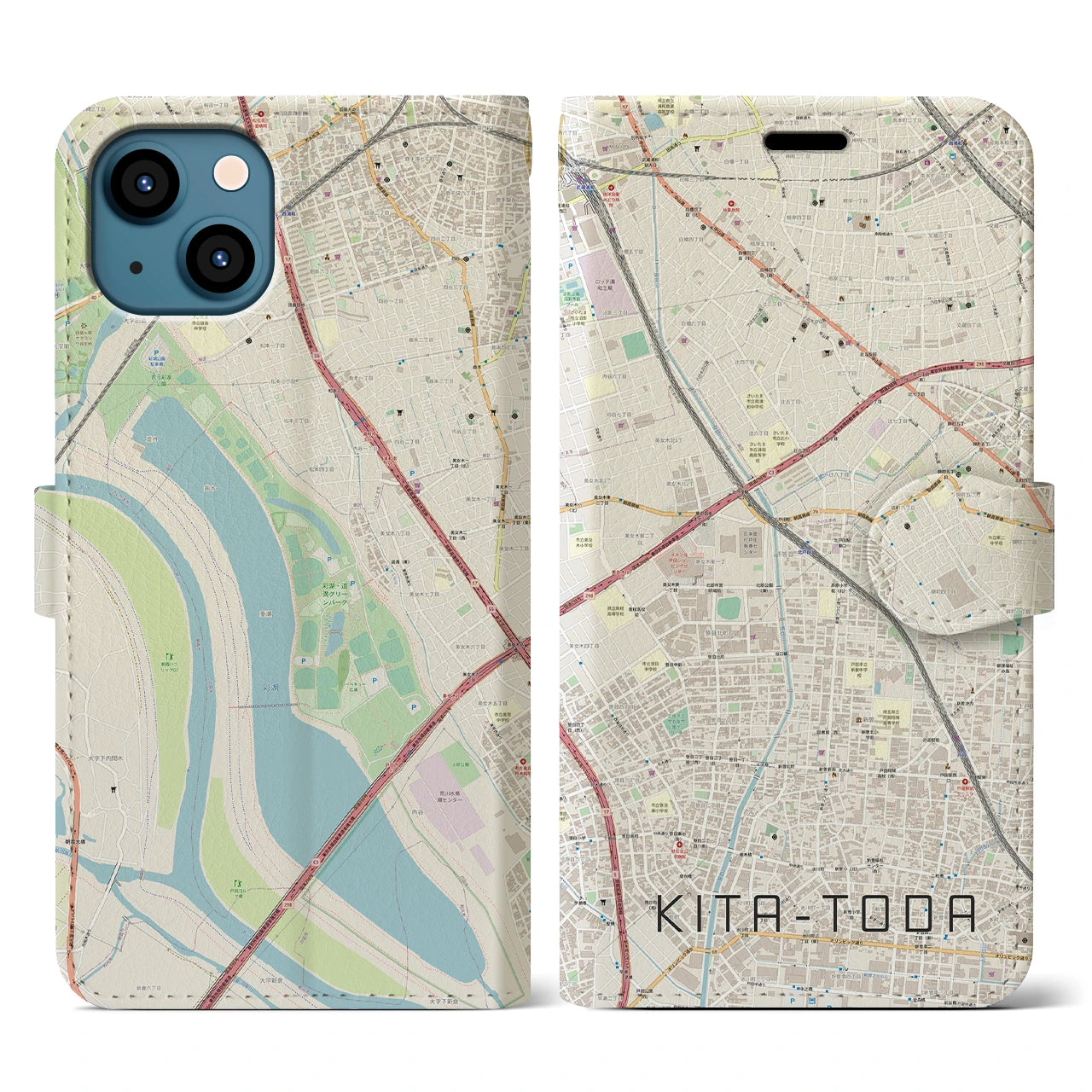 【北戸田(埼玉県)】地図柄iPhoneケース(手帳タイプ)ナチュラル・iPhone 13 用