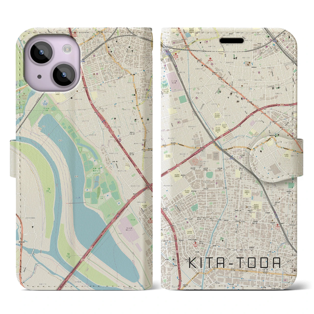 【北戸田(埼玉県)】地図柄iPhoneケース(手帳タイプ)ナチュラル・iPhone 14 用