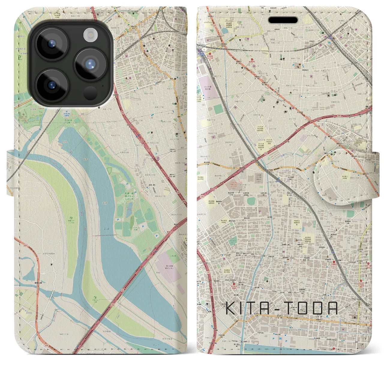 【北戸田(埼玉県)】地図柄iPhoneケース(手帳タイプ)ナチュラル・iPhone 15 Pro Max 用