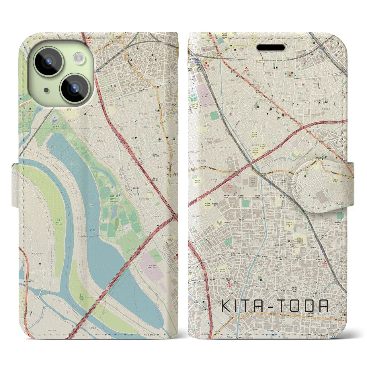 【北戸田(埼玉県)】地図柄iPhoneケース(手帳タイプ)ナチュラル・iPhone 15 用
