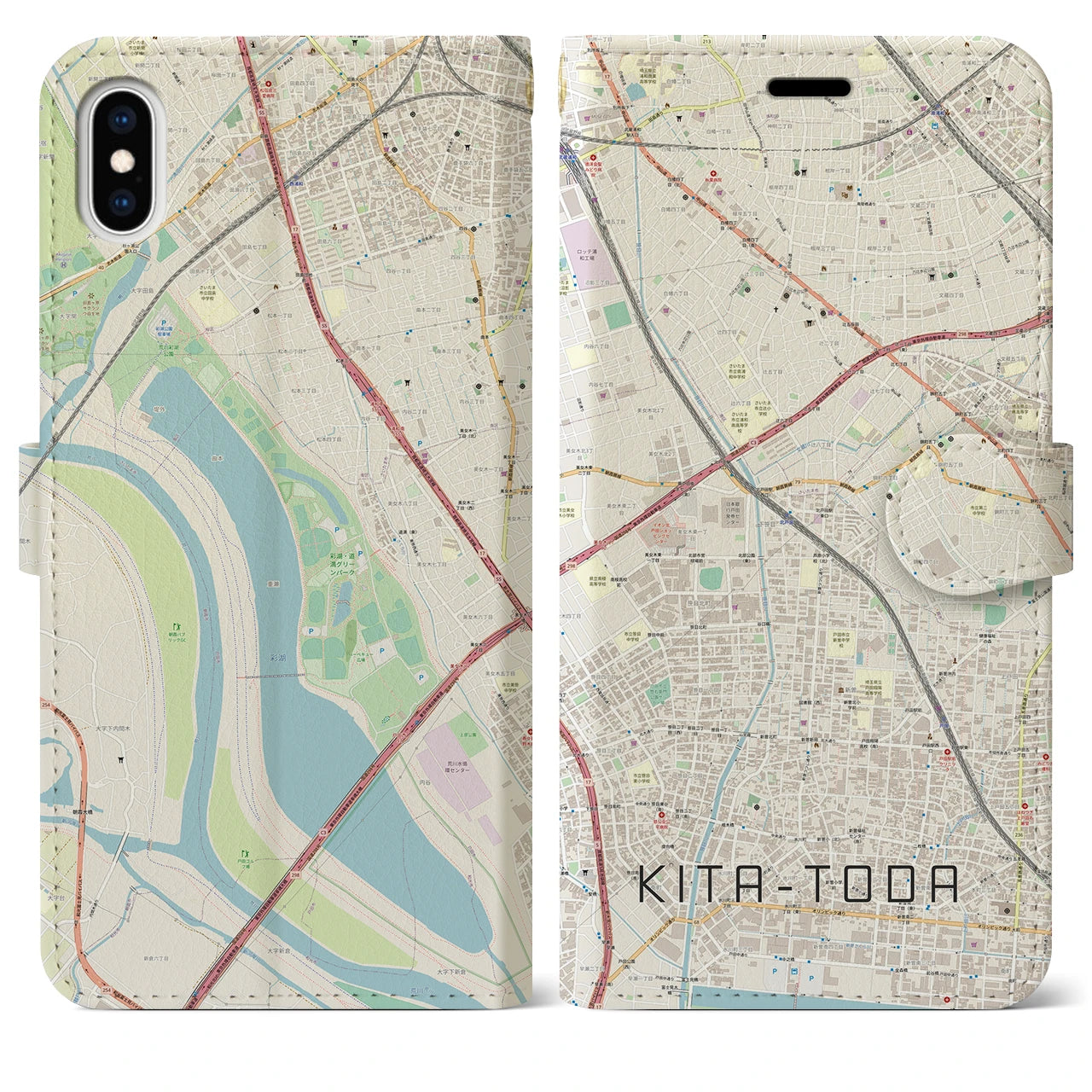 【北戸田(埼玉県)】地図柄iPhoneケース(手帳タイプ)ナチュラル・iPhone XS Max 用