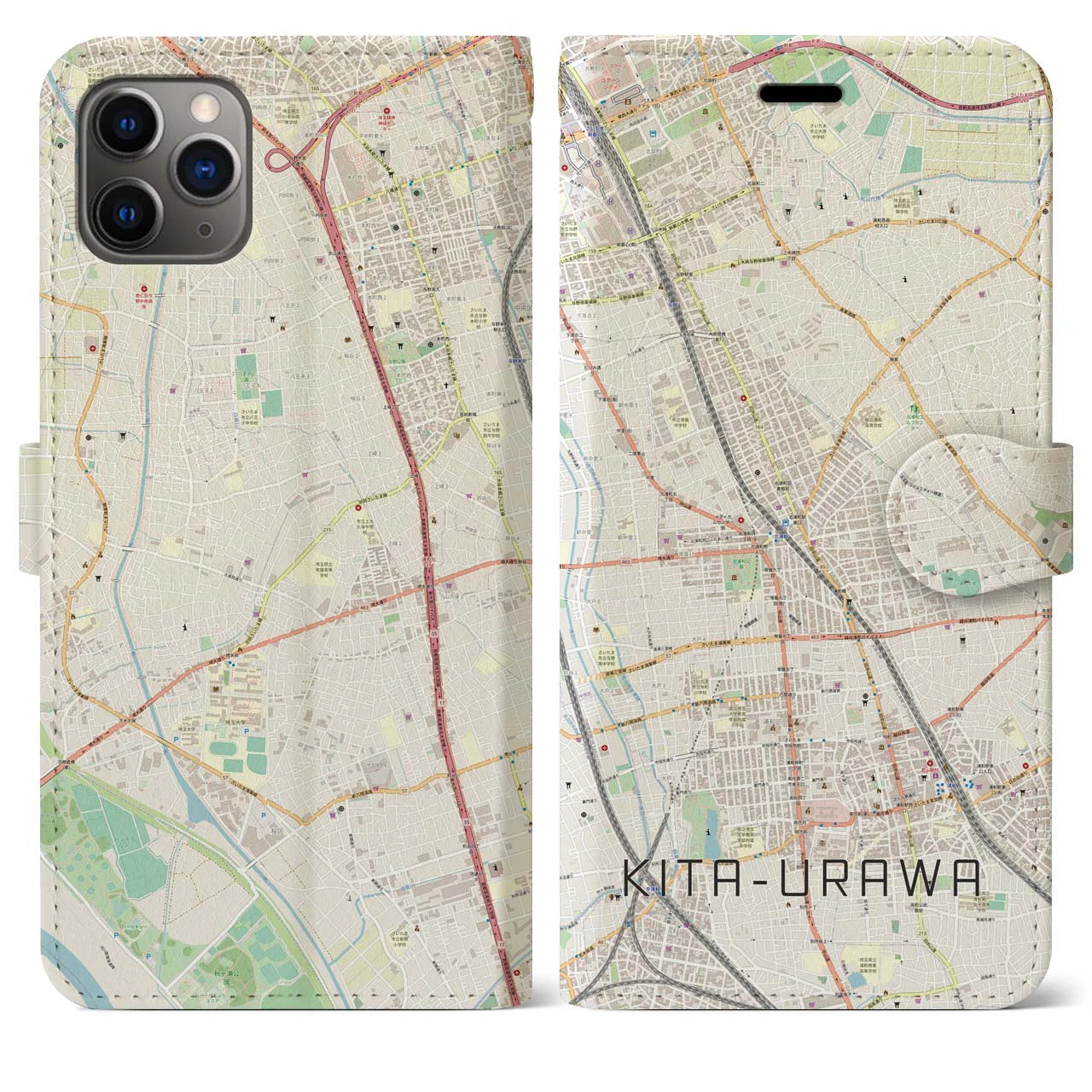 【北浦和(埼玉県)】地図柄iPhoneケース(手帳タイプ)ナチュラル・iPhone 11 Pro Max 用