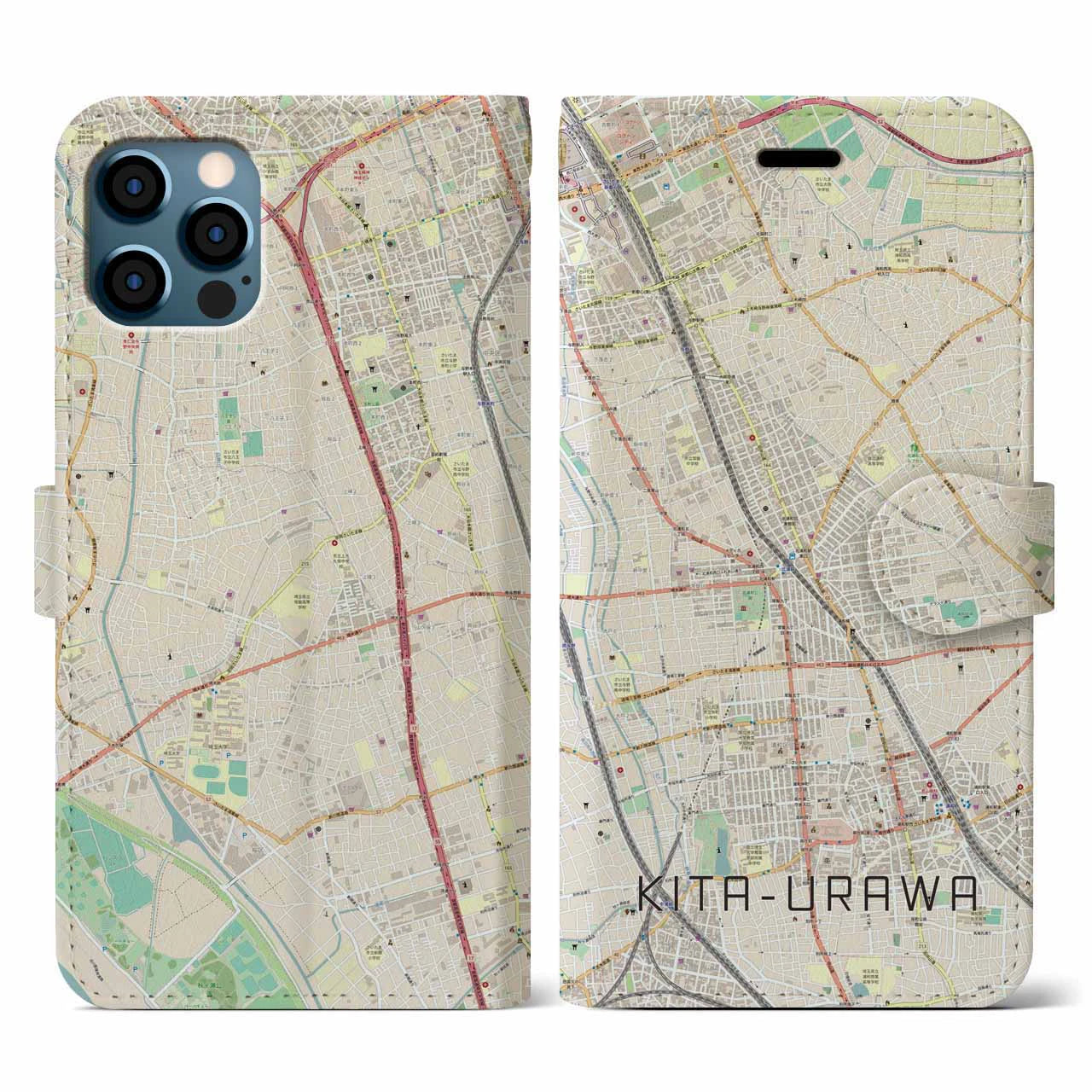 【北浦和(埼玉県)】地図柄iPhoneケース(手帳タイプ)ナチュラル・iPhone 12 / 12 Pro 用