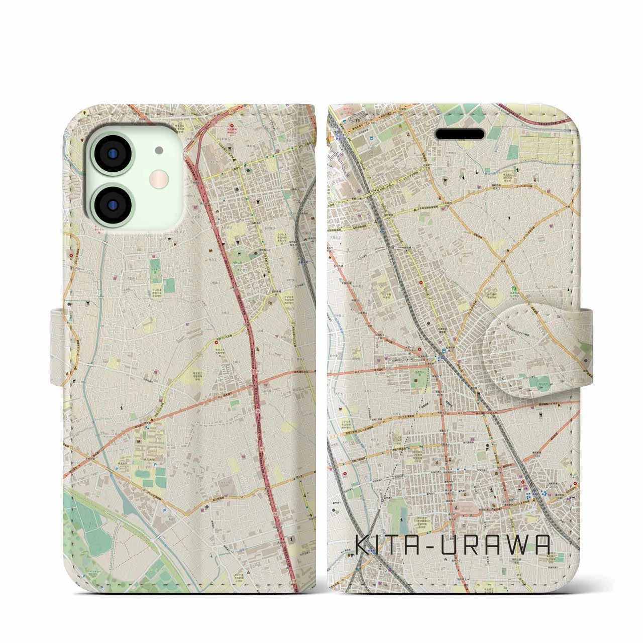 【北浦和(埼玉県)】地図柄iPhoneケース(手帳タイプ)ナチュラル・iPhone 12 mini 用