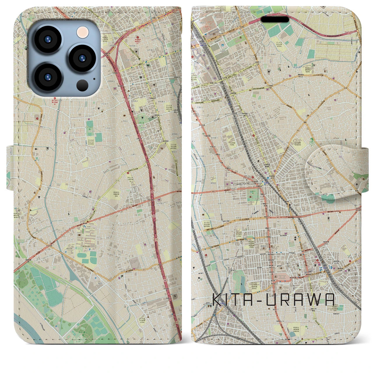 【北浦和(埼玉県)】地図柄iPhoneケース(手帳タイプ)ナチュラル・iPhone 13 Pro Max 用