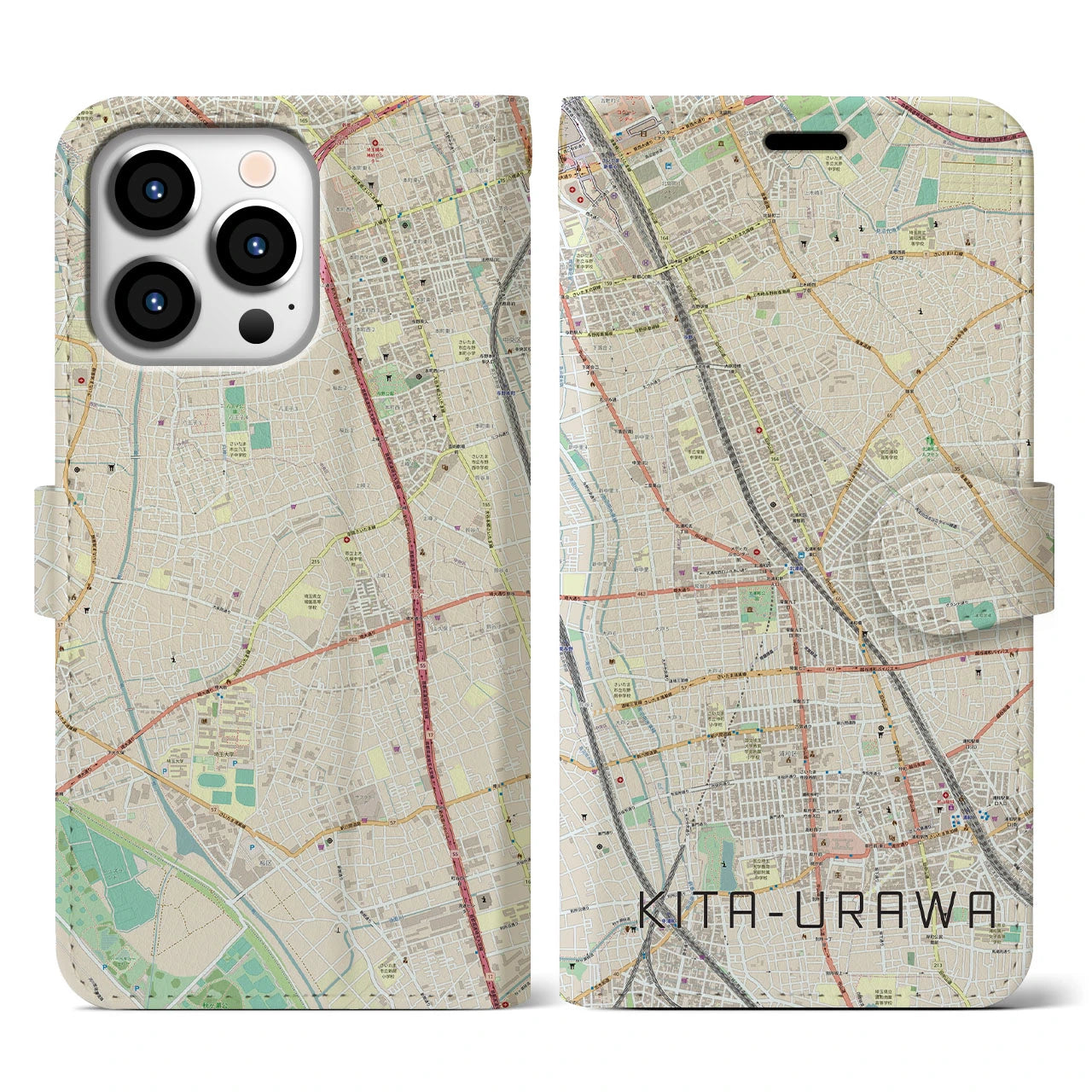 【北浦和(埼玉県)】地図柄iPhoneケース(手帳タイプ)ナチュラル・iPhone 13 Pro 用