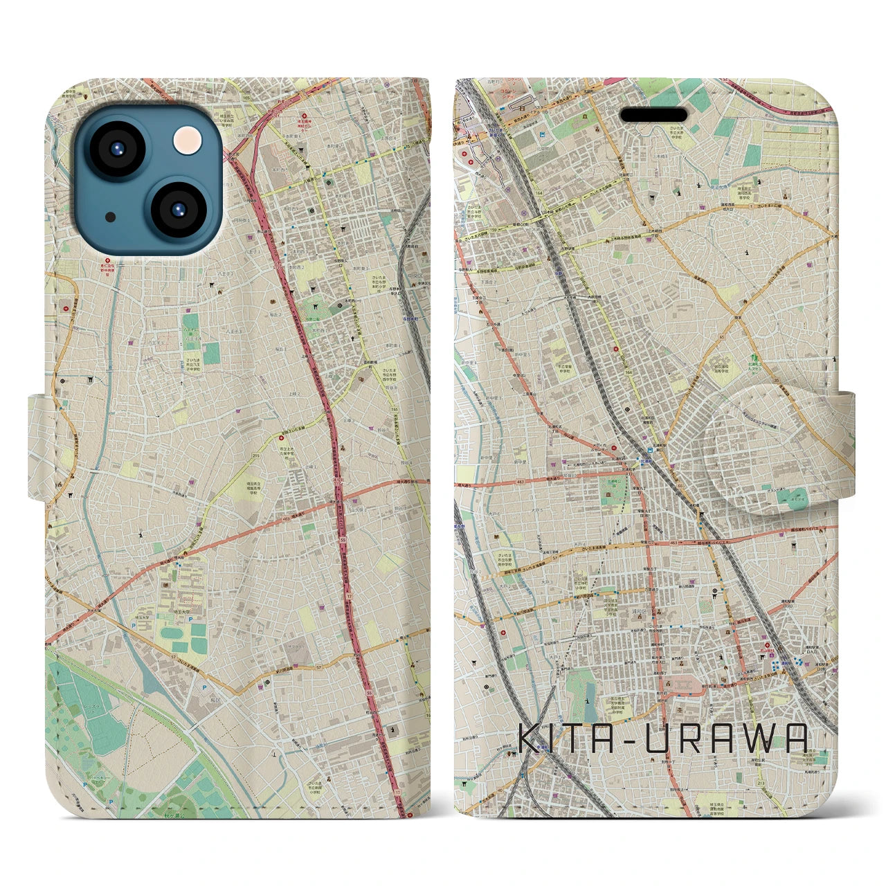 【北浦和(埼玉県)】地図柄iPhoneケース(手帳タイプ)ナチュラル・iPhone 13 用