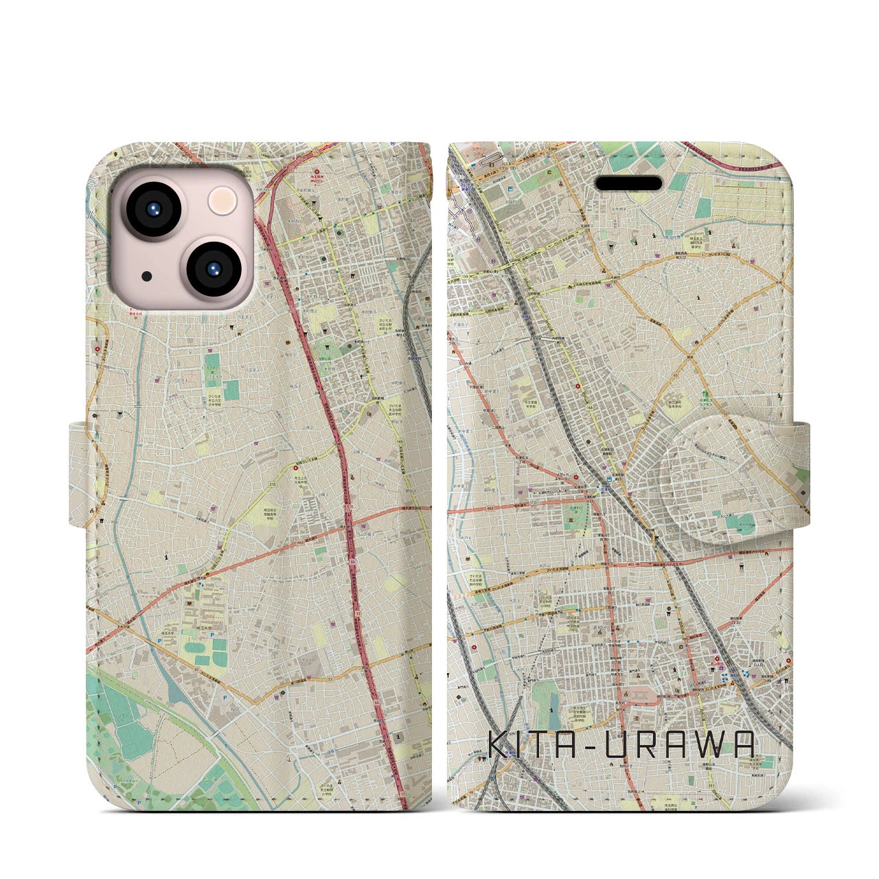 【北浦和(埼玉県)】地図柄iPhoneケース(手帳タイプ)ナチュラル・iPhone 13 mini 用